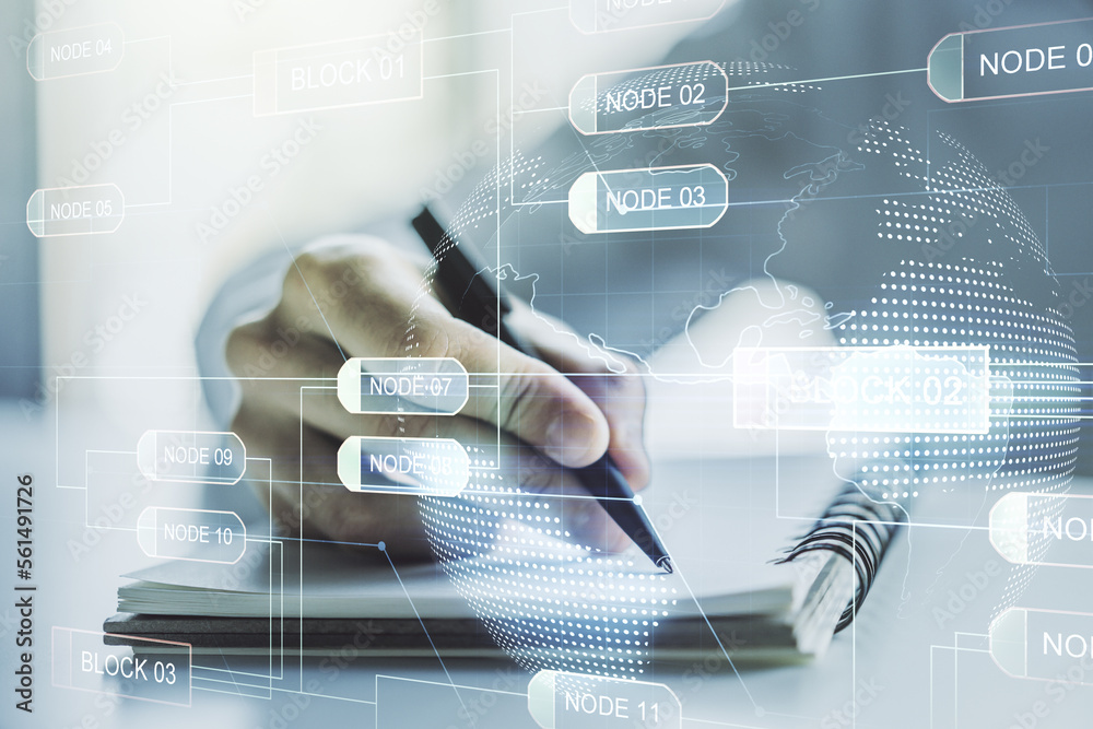 Poster Multi exposure of abstract software development hologram with world map and man hand writing in notebook on background, global research and analytics concept