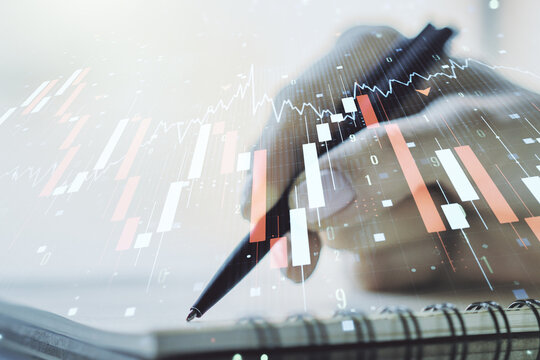 Creative abstract global crisis chart with world map sketch and with hand writing in notepad on background, falling markets and collapse of global economy concept. Double exposure