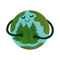 Earth globe character hugging coniferous trees png illustration. Save planet concept. International forest day. Clip art element Isolated on transparent background