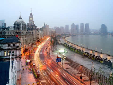 A view of the The Bund (Wai Tan) in Shanghai, China. The picture includes the famous Customs House bell tower,