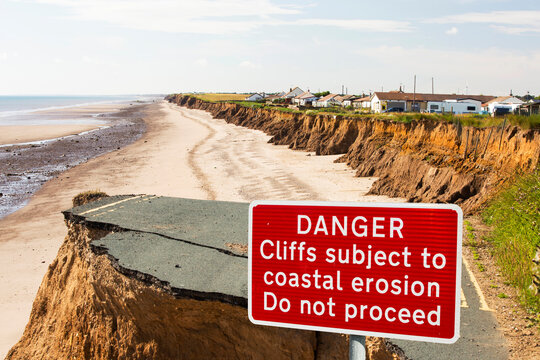 Collapsed coastal road at between Skipsea and Ulrome on Yorkshires East Coast, near Skipsea, England, UK