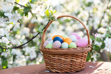 Close up of colorful Easter eggs in a basket