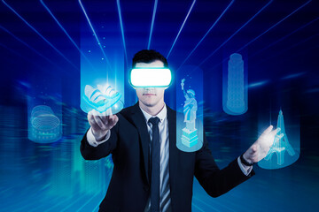 Businessman wearing VR glasses experiencing virtual travel in metaverse