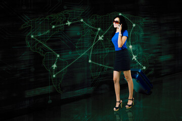 Woman talking on the phone pulling a suitcase on futuristic map background