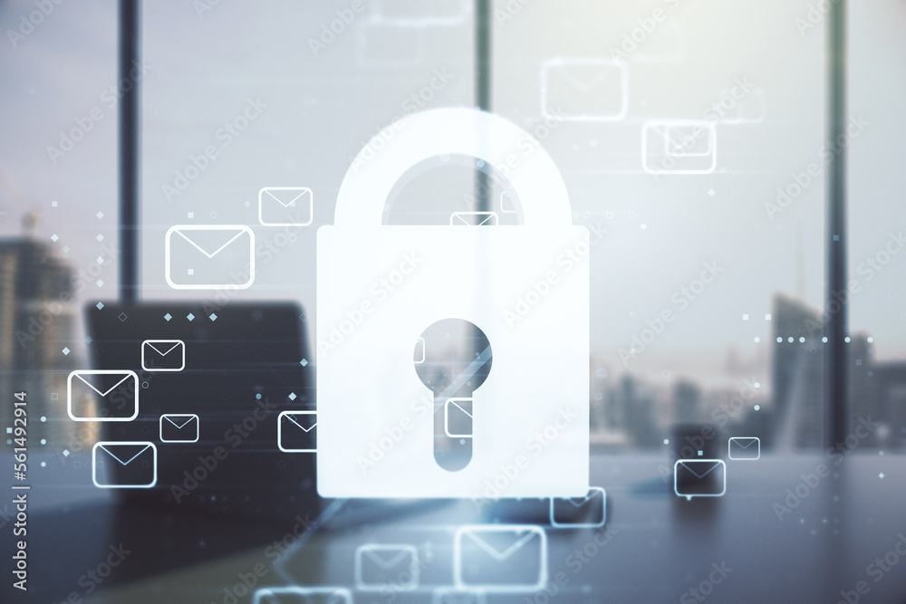 Poster creative lock sketch with email symbols hologram and modern desk with computer on background, protec