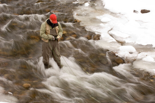 A man chooses a fly while fishing on the Cache La Poudre River, Fort Collins, Colorado.