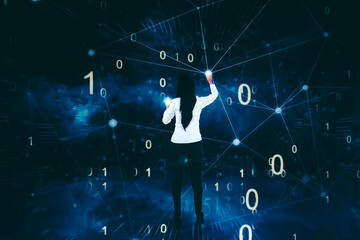 Back view of businesswoman working with virtual panel and binary numbers