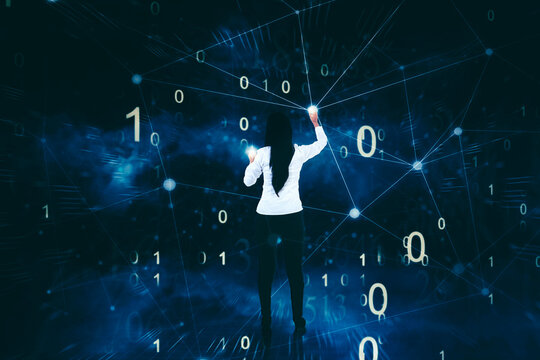 Back view of businesswoman working with virtual panel and binary numbers