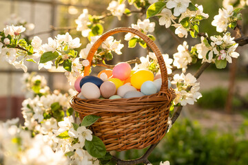 Happy Easter. Basket with Easter eggs in grass on a sunny spring day - Easter decoration, banner, panorama, background with copy space for text