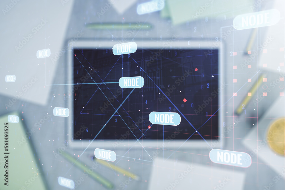 Fototapete double exposure of abstract programming language hologram and digital tablet on background, top view
