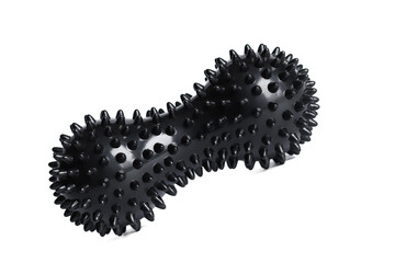 Black double or peanut spiky ball massager for yoga pilates or stretching and fascia pain. Sports equipment for fitness isolated on a white background. Concept of sports massage.