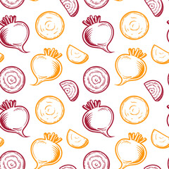 Beets and turnips, whole and slices. Seamless pattern with vegetables. Vector illustration.