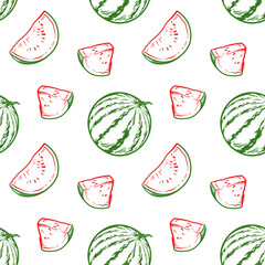 Whole watermelons and watermelon slices. Seamless pattern with watermelons. Vector illustration.
