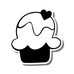 Monochrome Cupcake with Heart on white silhouette and gray shadow. Vector illustration for decoration or any design.