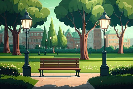 A park in the middle of the city, complete with lush grass, trees, and wooden benches. Background for 2d animation with a parallax effect depicting a summertime city park Generative AI