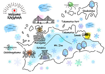 Naklejka premium 冬の香川県の観光地のシンプル線画イラストマップ