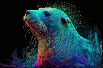 Painted animal with paint splash painting technique on colorful background sealion