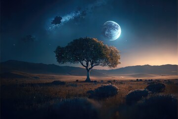 A clear night sky twinkling with stars, a moon and a lonely tree stands in the foreground