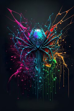Painted animal with paint splash painting technique on colorful background spider