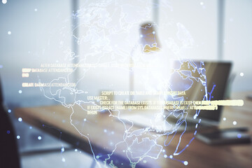 Abstract creative coding illustration with world map on modern computer background, international software development concept. Multiexposure