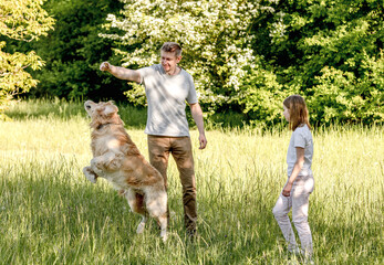 Naklejka na ściany i meble Dad and his daugter play with dog