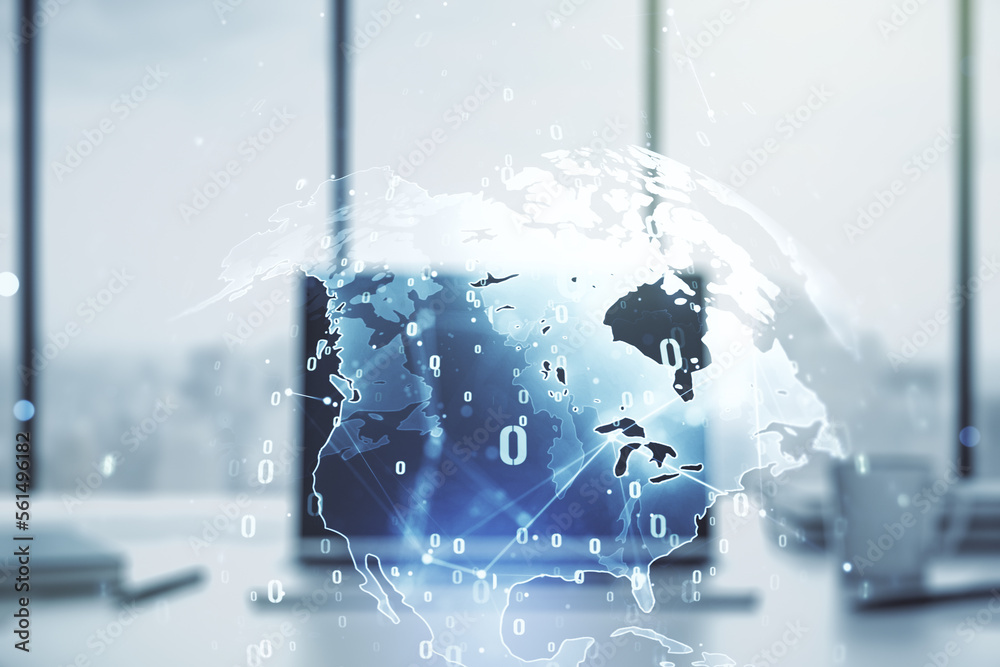 Aufkleber multi exposure of abstract software development hologram with world map on laptop background, global