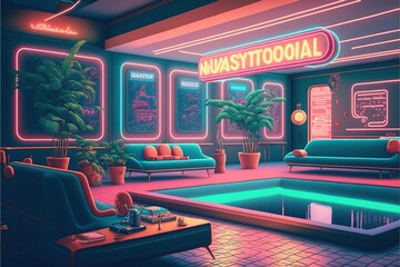 Fototapeta na wymiar Surreal retro-future pool lounge with neon signs and cocktails.Generative AI