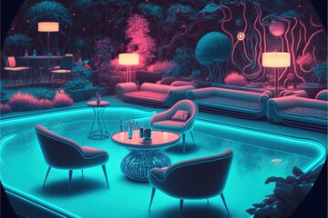 Surreal retro-future pool lounge with neon signs and cocktails.Generative AI