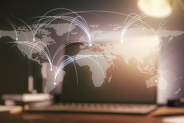 Double exposure of abstract digital world map with connections on laptop background, research and strategy concept