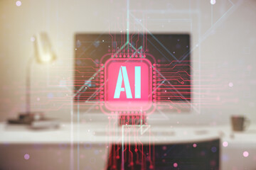 Creative artificial Intelligence symbol concept with modern computer on background. Double exposure