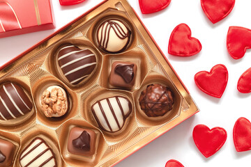 Gift box with chocolate pralines and red heart decoration for Valentine's Day on a white background.