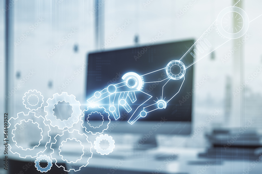 Poster creative abstract robotics technology sketch on modern laptop background, future technology and ai c