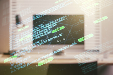 Multi exposure of abstract graphic coding sketch on modern computer background, big data and networking concept