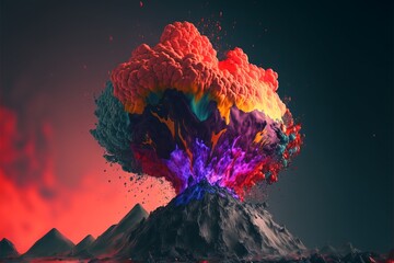 Abstract Colorful Vulcano which explodes in multicolor lava and smoke. Generative AI