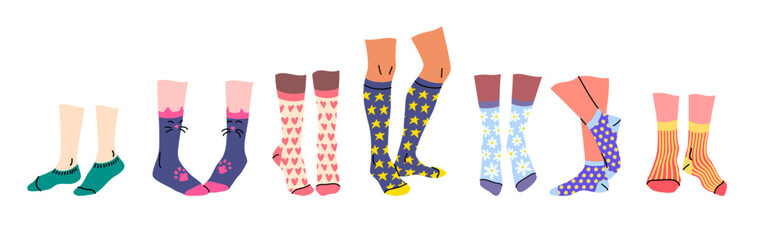 Vector legs in socks with different colorful patterns and prints doodle set. Isolated various length socks on diverse skin color human legs. Gender neutral illustration