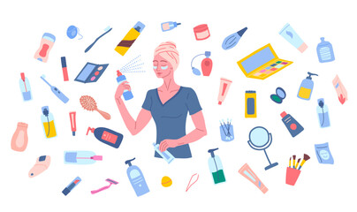 Young woman in tshirt with eye patches under eyes and hair towel, spritz moisturizer on face skin and holds a cream tube. Makeup and skincare tubes, jars flying around woman. Morning routine vector