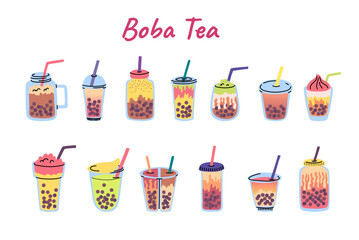 Vector boba tea types doodle set. Bubble tea in plastic glasses, plastic cups with caps and mason jars with straws illustration. Tapioca sweet drinks with bubbles, different toppings and tastes