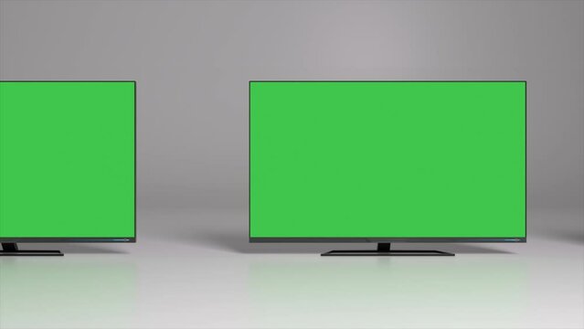 Green background. TV screens with chrome key. Infinite scroll left. Empty space to insert. 3d animation