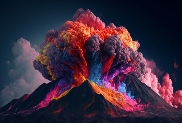 Fototapeta na wymiar Abstract Colorful Vulcano which explodes in multicolor lava and smoke. Generative AI