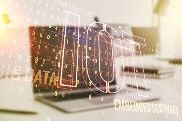 Creative IOT concept on modern laptop background. Multiexposure