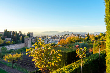 Fototapeta na wymiar Sunset over ancieat arabic Alhambra in Granada, Spain on November 26, 2022