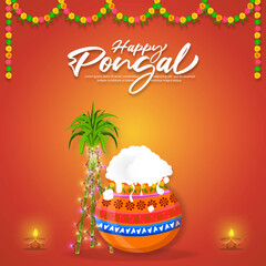 Illustration of Happy Pongal Holiday Harvest Day Greeting Background.