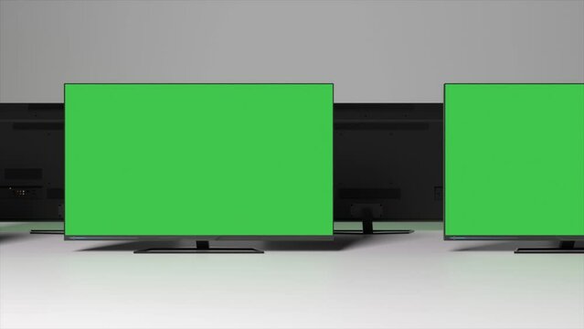 TV screens with chromekey. Infinite scroll right. Green background. Empty space to insert. 3d animation of seamless loop