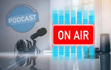 Desk with microphone, headphones and computer. Podcast, communication, entertainment, on air concept