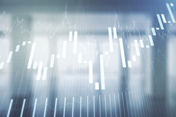 Multi exposure of abstract virtual financial graph hologram on empty corporate office background, forex and investment concept