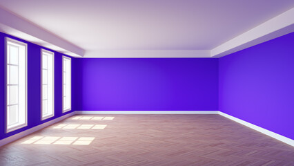 Empty Sunny Interior with Purple Walls, Three Large Windows, White Ceiling Cornice, Glossy Herringbone Parquet Floor and a White Plinth. 3D illustration with a Work Path on the Windows, 8K Ultra HD
