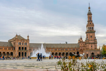 Spain Square (Plaza de Espana), built on 1928 the Regionalism Architecture mixing Renaissance and Moorish styles in Sevilla, Spain on January 1, 2023
 - obrazy, fototapety, plakaty