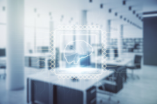 Double exposure of creative artificial Intelligence interface on modern corporate office background. Neural networks and machine learning concept