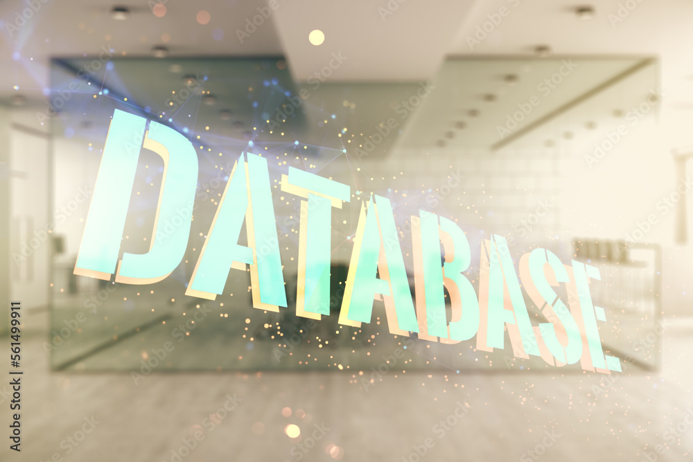 Aufkleber double exposure of database word sign on a modern furnished office background, global research and a