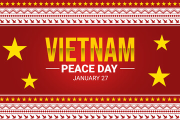 Vietnam peace day wallpaper with typography and traditional border design. Red Vietnam flag stars and backdrop